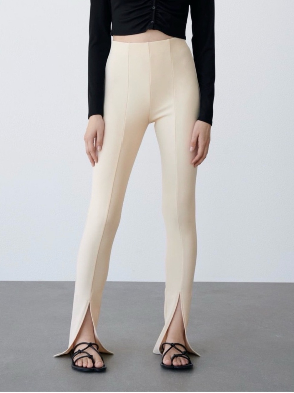 High Waisted Front Seam Slit Hem Pants Women's M Beige Cotton Stretch NWT